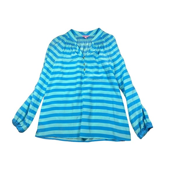 LILLY PULITZER Women's Blue Aqua Striped V-Neck‎ Long Sleeve Silk Blouse Sz XS - Picture 1 of 13